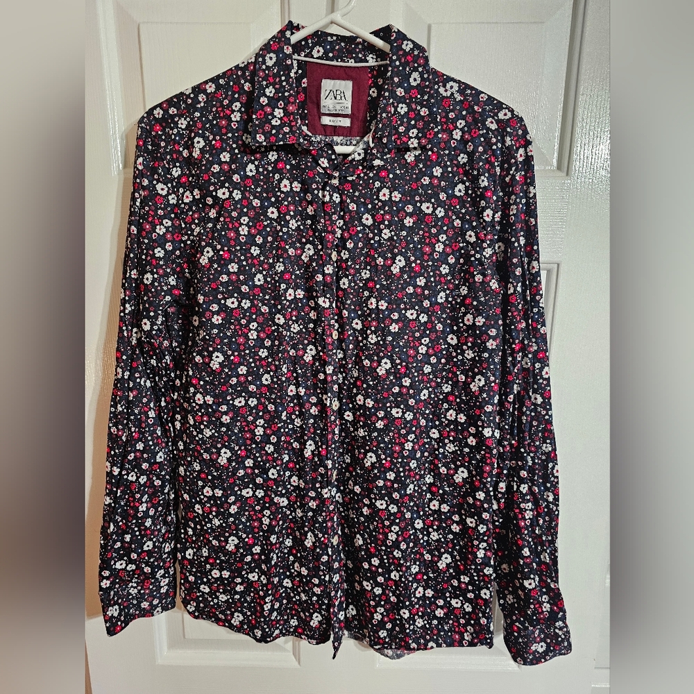 Zara Mens Large Slim Fit Shirt Black Floral Button Up Y2K Indie Retro - Picture 2 of 6